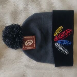 'Four Feathers' Indigenous design by Philip Joe, Salish Pom Pom Toque